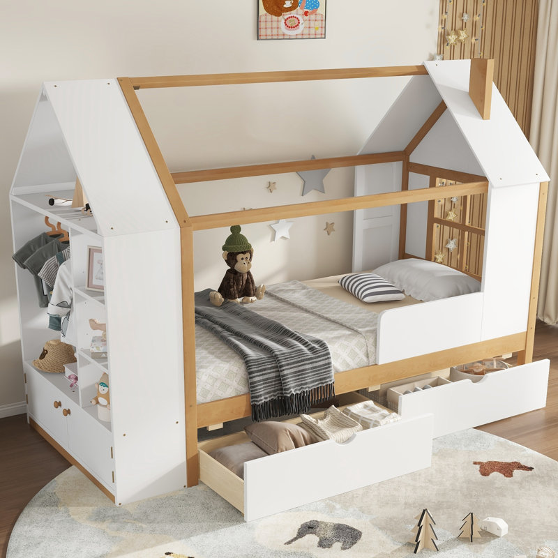 Lit plateforme simple en bois massif avec tiroirs et tablettes, conception enfantine pour les chambres confortables et organisées