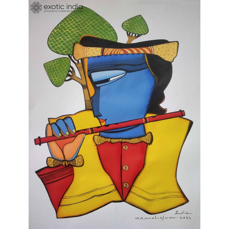 Murli Manohar Acrylic Painting by Arvind Mahajan – 30"x22" Contemporary Indian Spiritual Wall Art for Home & Office Décor