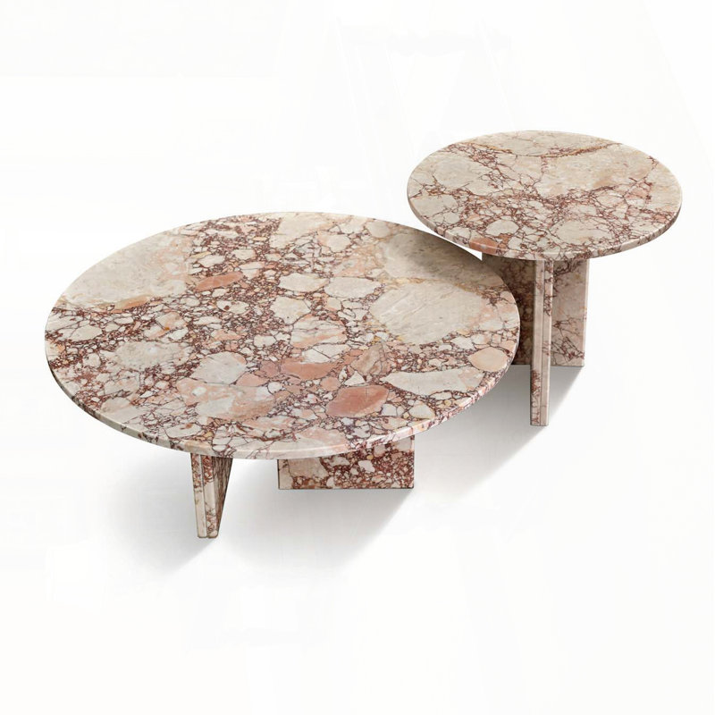 2-Piece Round Nesting Coffee Table Set – Diamond Pink Natural Marble, Pink