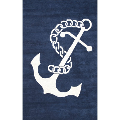 Tapis bleu marine en laine tissé à plat à la main à motif d'ancre Panama