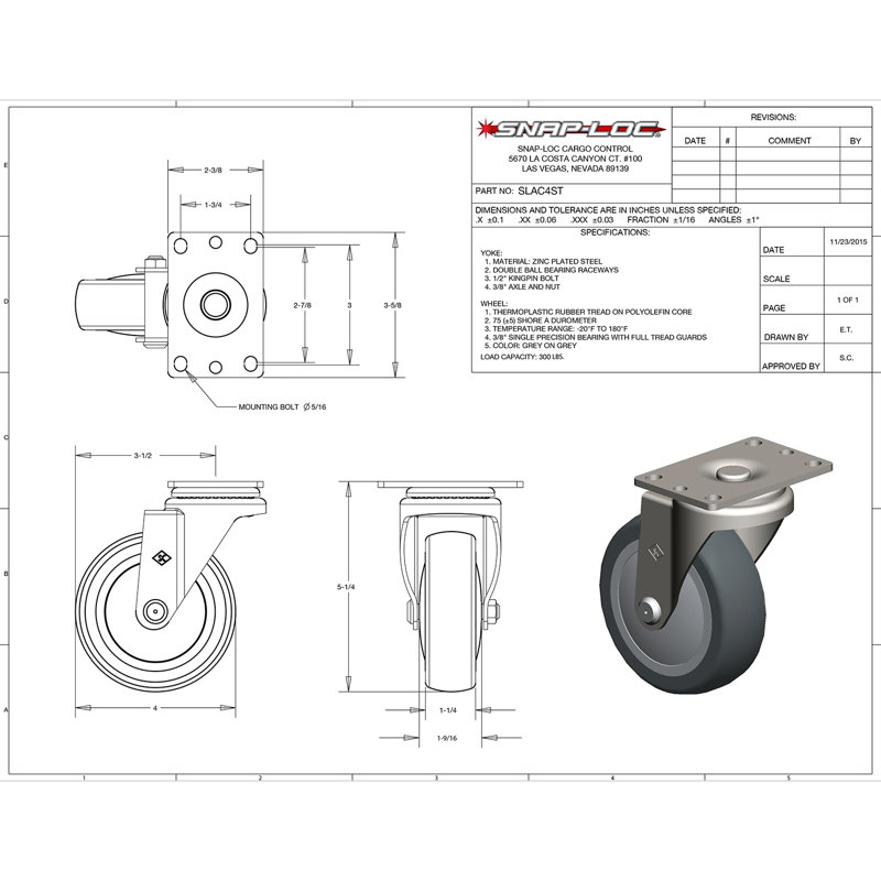 Black 4" Thermoplastic Swivel Caster with Slotted Plate