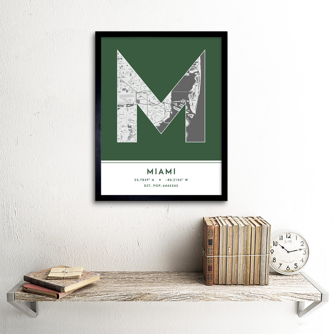 Miami City Map Miami Green by Wee Blue Coo - Single Picture Frame Typography