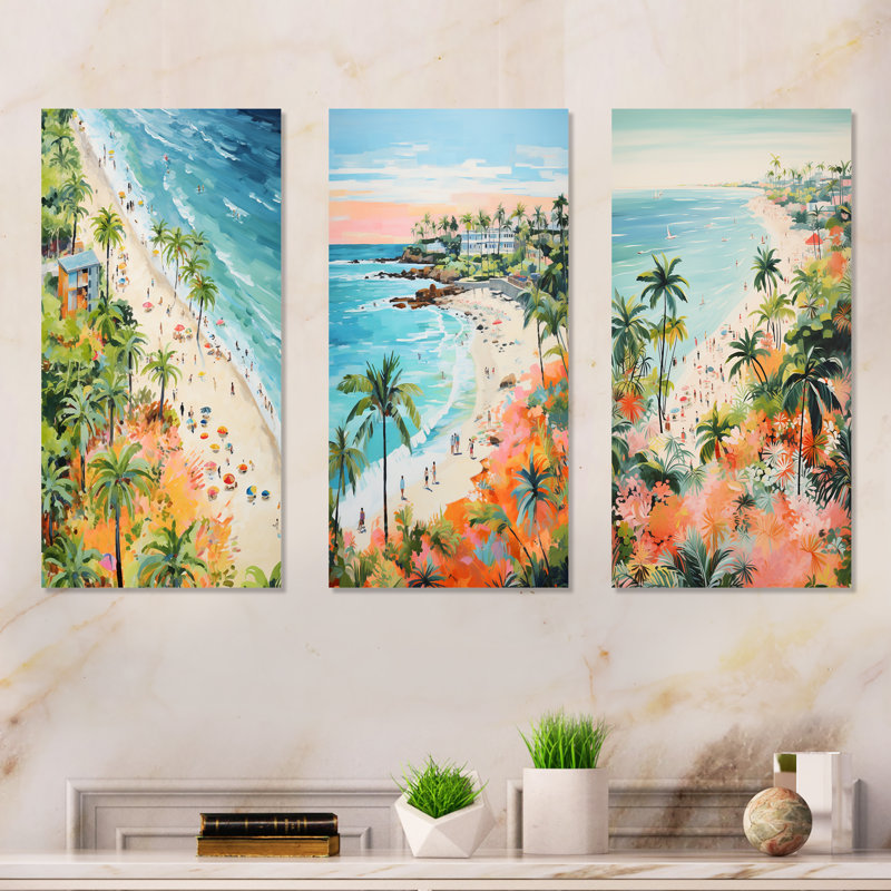«Pastel Color Coastal Beach Scene Paradise II», ensemble d'art mural en métal 3 pièces, H 28 po x l 36 po