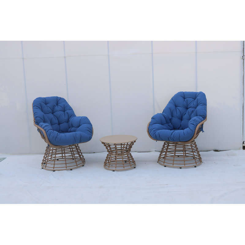 3 Piece Patio Bistro Rattan Swivel Chair&table Set With Cushions, Blue