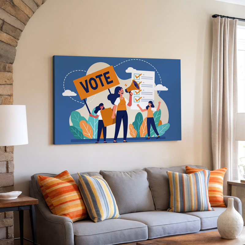 Toile, illustration vibrante représentant un groupe diversifié de trois personnes, art mural qui s'engage dans une scène de campagne