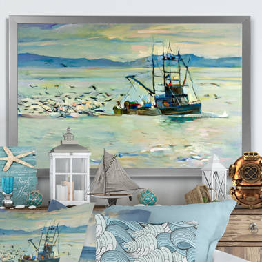 Framed Ocean Fishing Boat Wall Art Sea Canvas Paintings Beach