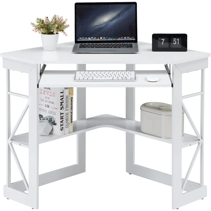 Lambrecht Corner Desk with Storage Shelves, Triangle Computer Desk with Keyboard Tray & Bookshelves for Small Space, 90 Degrees Space Saving Writing Desk Laptop PC Table for Home Office, Living Room, Bedroom