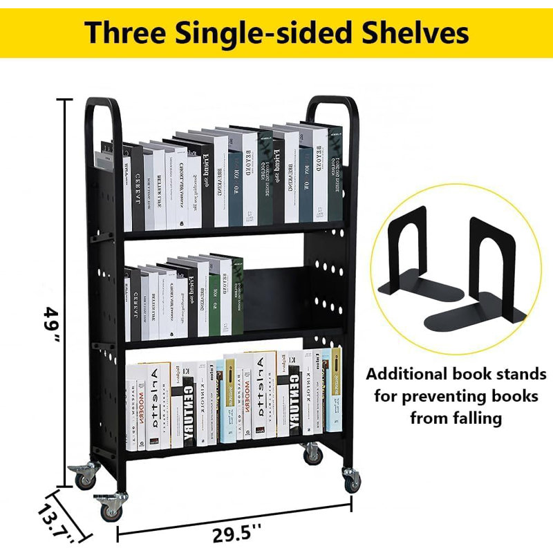Library Cart, Rolling Book Cart With 4 Inch Lockable Wheels