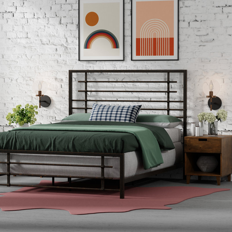 California King Black Metal Bed Frame with Headboard and Slats