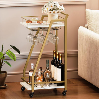 White And Gold Bar Cart With 2 Storage Shelves, Rolling Beverage Cart With Wine Rack & Glass Holder For Home Dining Party Kitchen by 17 Stories