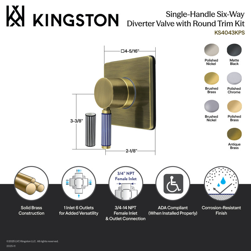 Kingston Brass Verona Single-Handle Six-Way Diverter Valve With Square Trim Kit, Polished Nickel