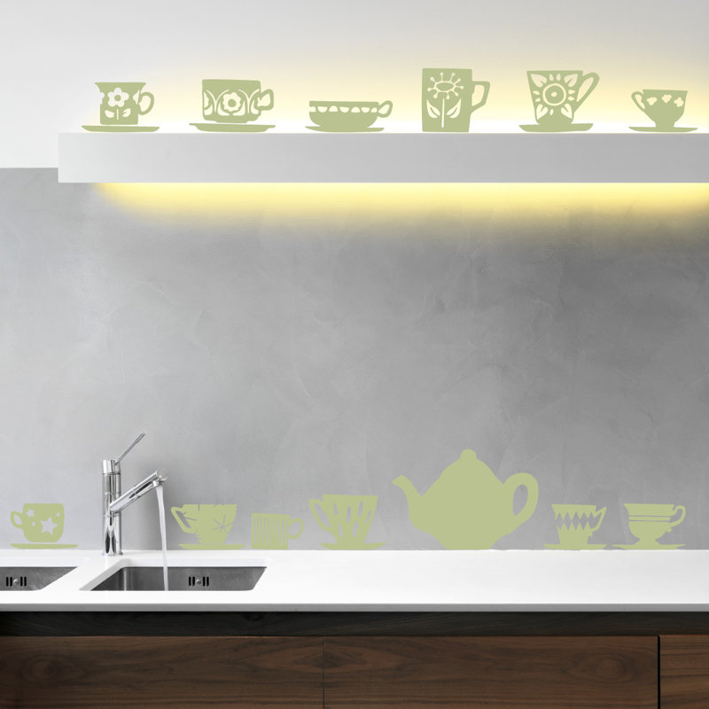 Décalcomanie murale tasses de thé, H 23 po x l 24 po x P 0,01 po, Céladon