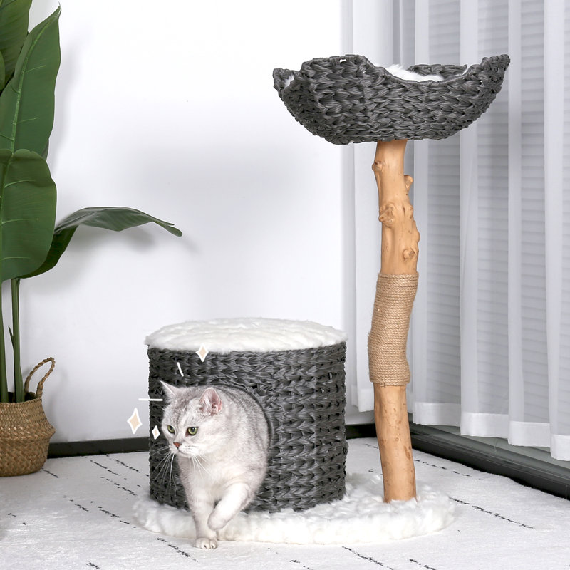 Gray and Natural Wood Cat Tree with Woven Condo