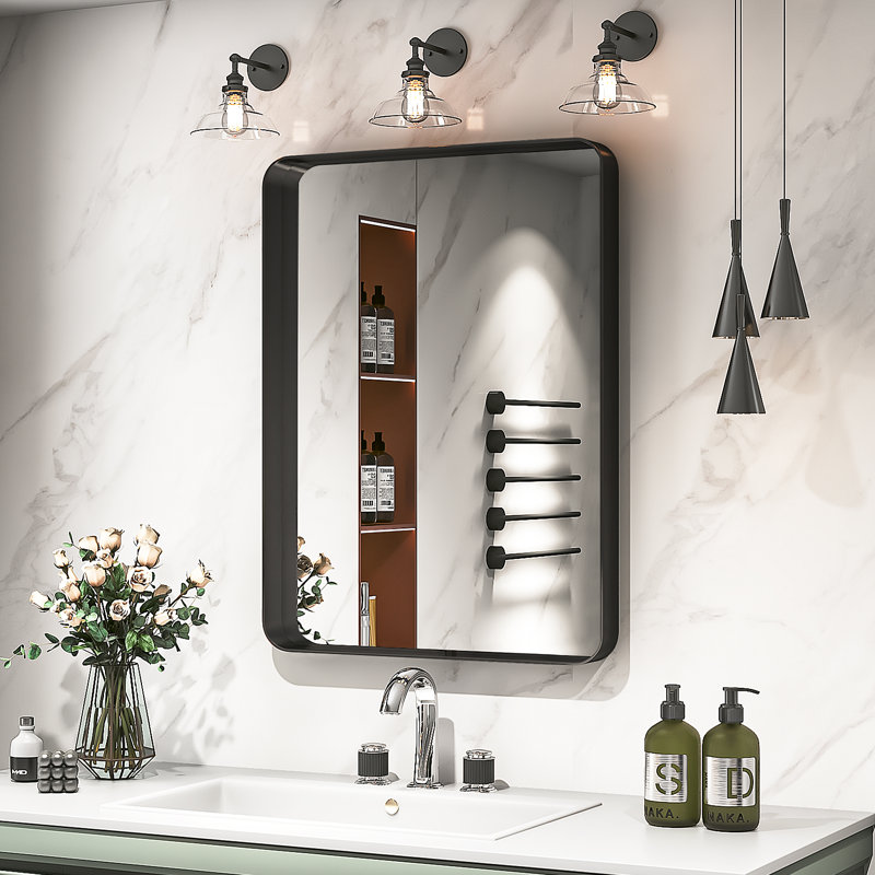 Miroir de salle de bain mural Llesenia, 30 po x 22 po, Noir mat, Rectangulaire