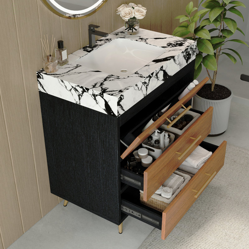 Meuble-lavabo autoportant moderne avec lavabo vasque en céramique et plateau en pierre frittée durable, Black/Gold/Brown