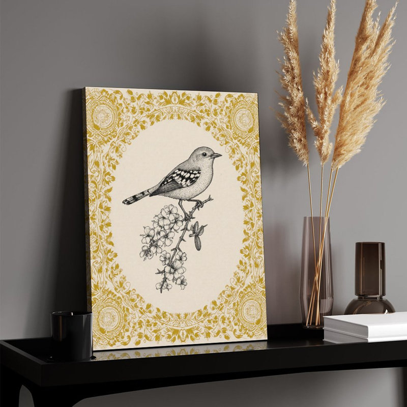 Oiseau rétro sur branche, art mural encadré en bois 16 po x 20 po