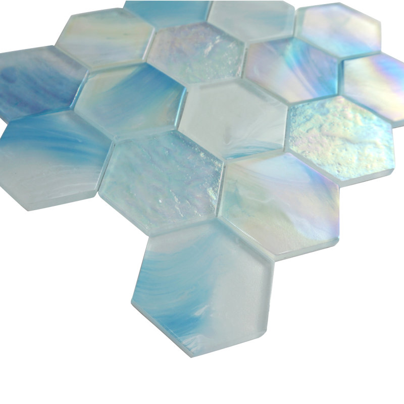 Aurora Glossy 3" x 3" Glass Hexagonal Mosaic Tile, Blue