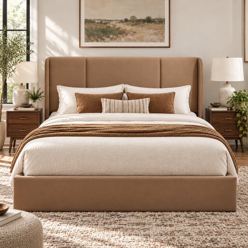 Lit plateforme tapissier Coletti, Grand lit, Brun