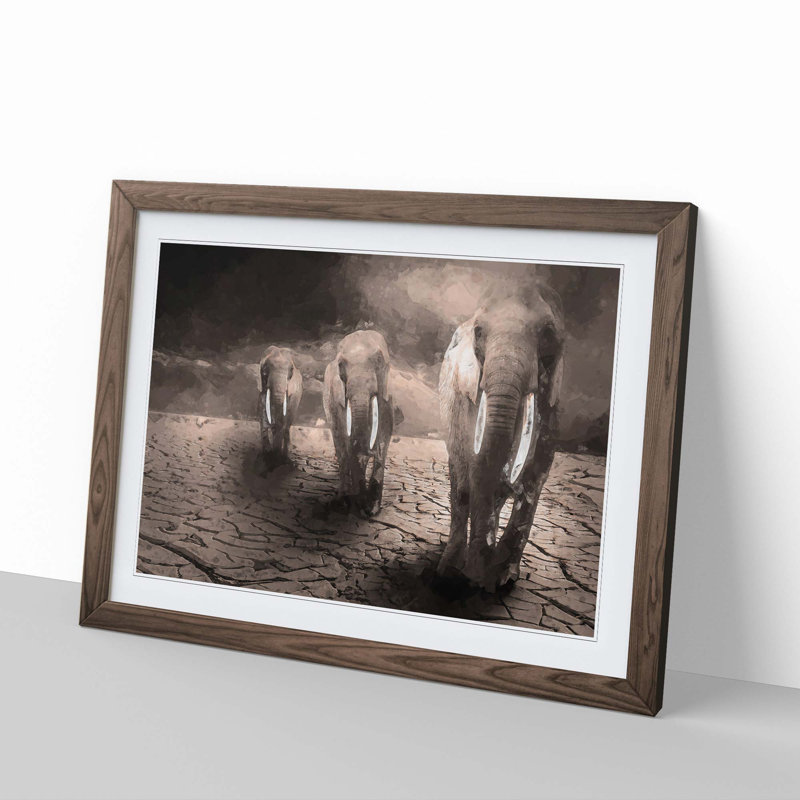 Trio of Elephants in Abstract - Picture Frame Graphic Art Print, 60cm H x 91cm W x 2cm D, Walnut