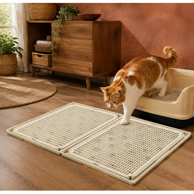 Khaki 2-pack of litter box steps that also function as litter catchers, using an expandable interlocking mat design that is waterproof, urine-proof, washable, and easy to clean.