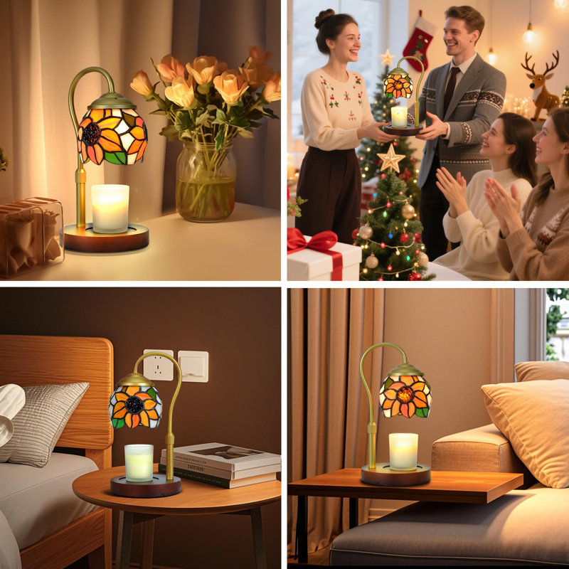 Sunflower Tiffany-Style Candle Warmer Lamp with 2 Bulbs - Handcrafted Stained Glass, Height-Adjustable Timer & 4 Dimmer Levels, No Assembly Required, Fits Jars up to 5"