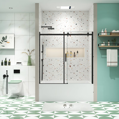 Sliding Door For Bathtub Shower, 5/16" Tempered Glass, Matte Black, Stable Action Matted Black Shower Bathtub, Smooth Opening And Closing