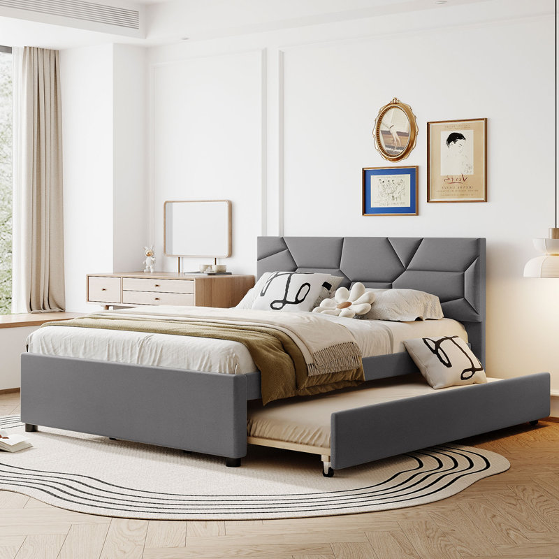 Upholstered Platform Bed with Trundle, Gray, Queen