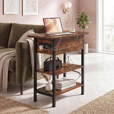 End Table with Charging Station, Flip-Top Side Table with USB Ports, Power Outlets, and 3-Tier Storage, Rustic Brown for Living Room and Bedroom