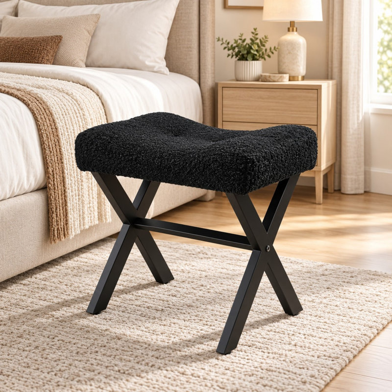 Tabouret de coiffeuse rembourré de 45,7 cm (18 po) avec revêtement moelleux et structure en X en métal, Noir