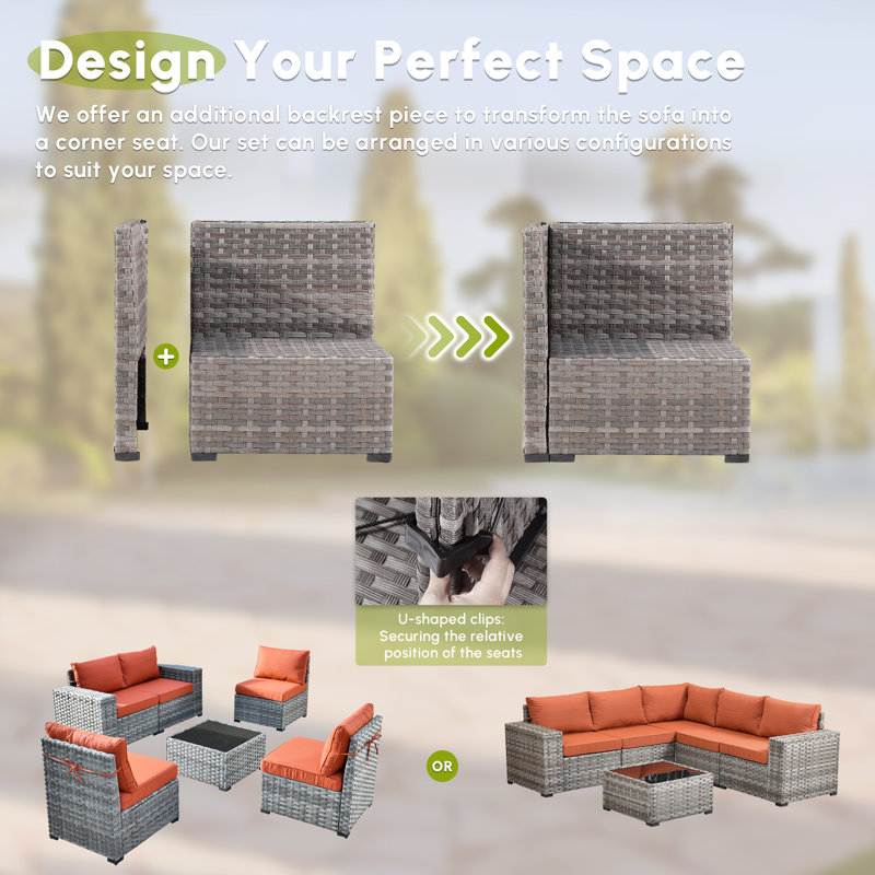 7 - Person Patio Furniture Set with Swivel Rocker, Outdoor Wicker Rattan Sectional Seating Group with Cushions, All Weather Sofa Conversation Set with Fire Pit Table for Garden Backyard