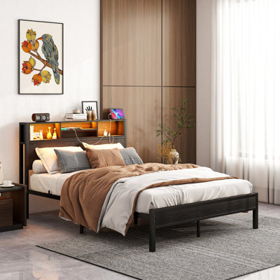 Black Metal Platform Bed With Storage Headboard & Charging Ports, , No Box Spring, Quiet Night's Rest, Easy Setup Voice Control Features, Spring Required, Serene Night, Construction,