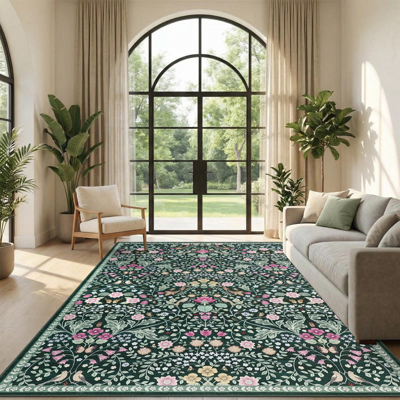 Vintage Floral Area Rug, Non-Slip Washable Low-Pile Botanical Print Stain Resistant Foldable Carpet for Living Room, Bedroom, Kitchen, Hallway