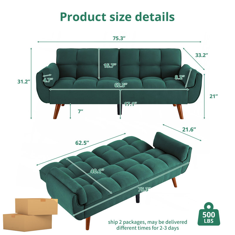 Tarantino Twin 75.3'' Upholstered Convertible Sofa, Green Linen