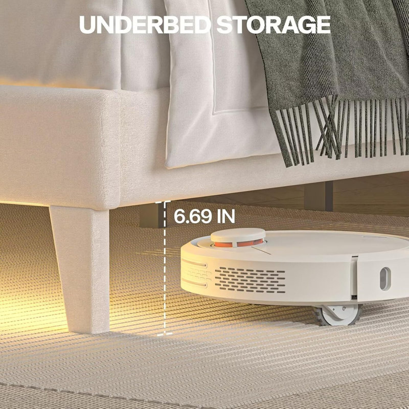 Cadre de grand lit avec lumières DEL, cadres de lit tapissier en velours avec tête et pied de lit capitonnés à oreilles - Support de lattes en bois, aucun sommier nécessaire, beige