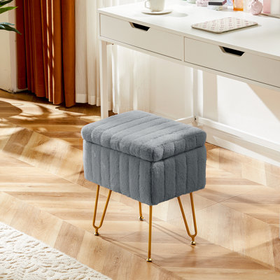 Tabouret de coiffeuse avec rangement, repose-pieds, rembourrage en similifourrure, siège rembourré avec 4 pieds en métal, pieds réglables antidérapants, gris