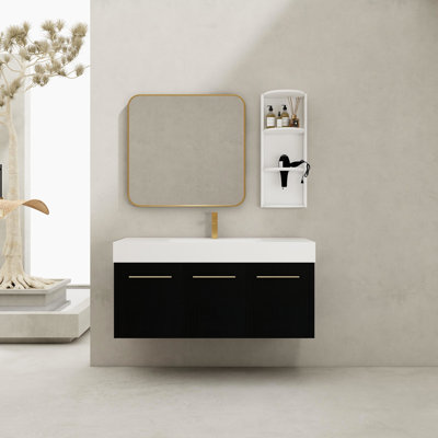 Meuble-lavabo mural: armoire de 48 po, lavabo en résine épaisse, support de rangement à trois niveaux et portes en bois de châtaignier noir durable avec évier à fermeture en douceur, contreplaqué