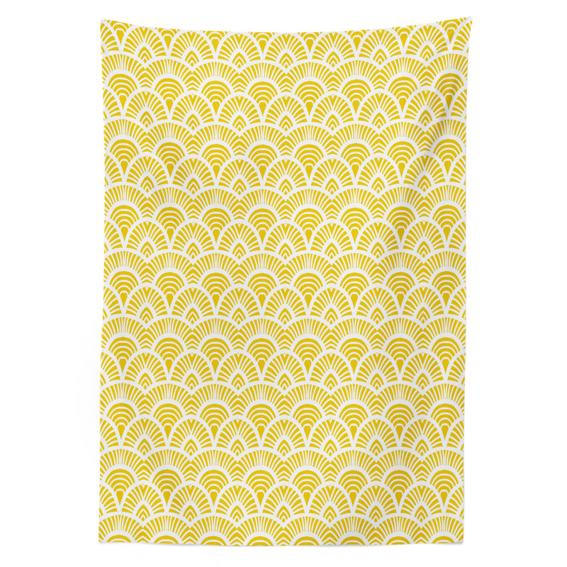 Yellow Tablecloth, Vintage Hand Drawn Style Shaded Oriental Patterns Geometric Lines Motifs, Rectangular Table Cover For Dining Room Kitchen Decor, 52" X 70", Cream Yellow