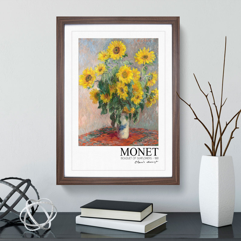 Bouquet of Sunflowers with Border by Claude Monet - Picture Frame Painting, 65cm H x 48cm W x 2cm D, Walnut