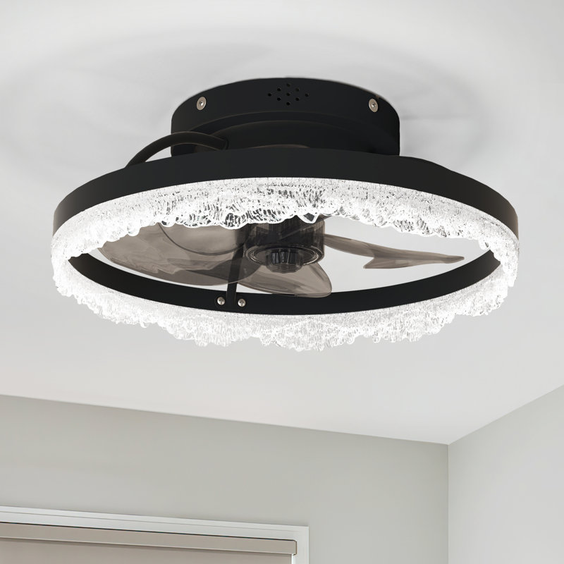  Crystal Flush Mount Ceiling Fan With Light And Remote, Black Ceiling Fan For Bedroom, Living Room, 16" Wide