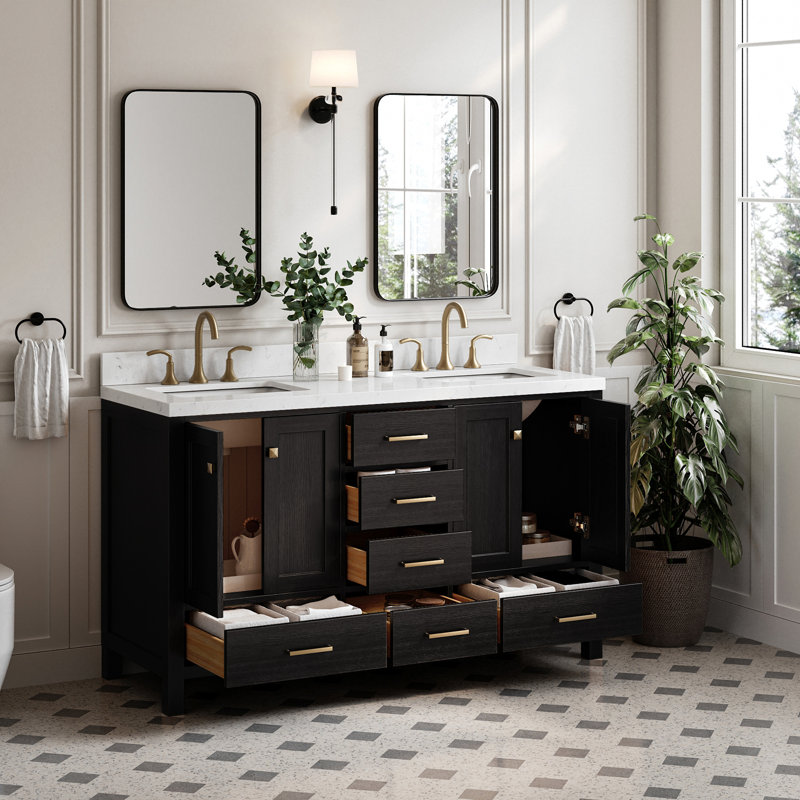 Cambridge 60'' W Double Bathroom Vanity Base, Brushed Nickel, White