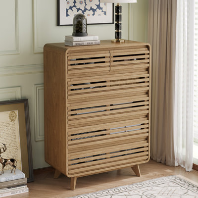 Tall Dresser For Bedroom, Fluted Large Dresser With 6 Drawers, Chests Of Drawers With Grille & Curved Design, Dressers Slides Pre-installed, Brown