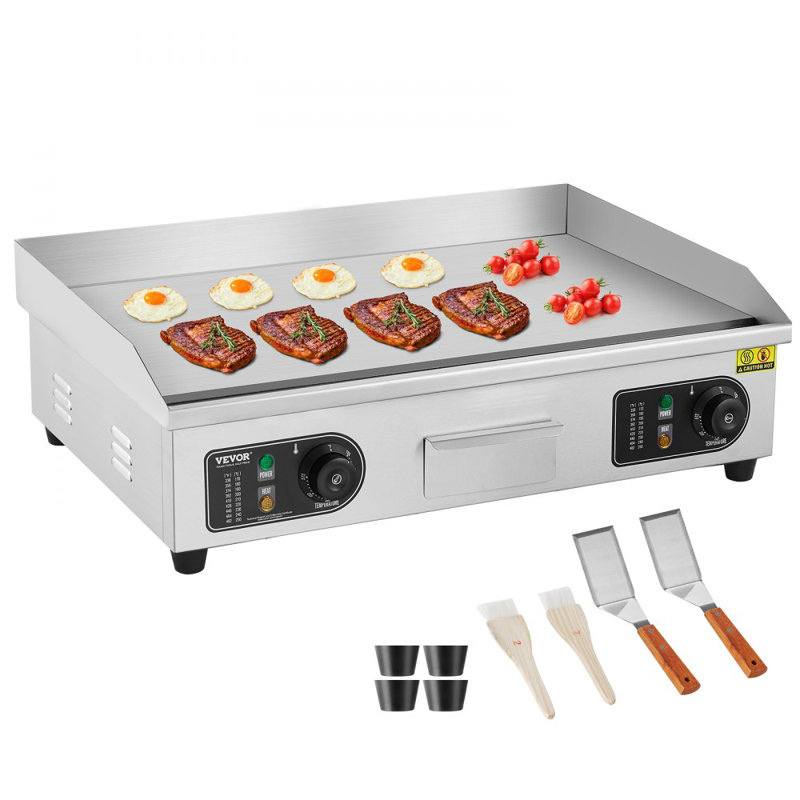 Commercial Electric Griddle, 2800W Countertop Half-Flat Top Grill, 122?-572? Adjustable Temp, Stainless Steel Griddle Grill with 2 Shovels and 2 Brushes for Home or Restaurant