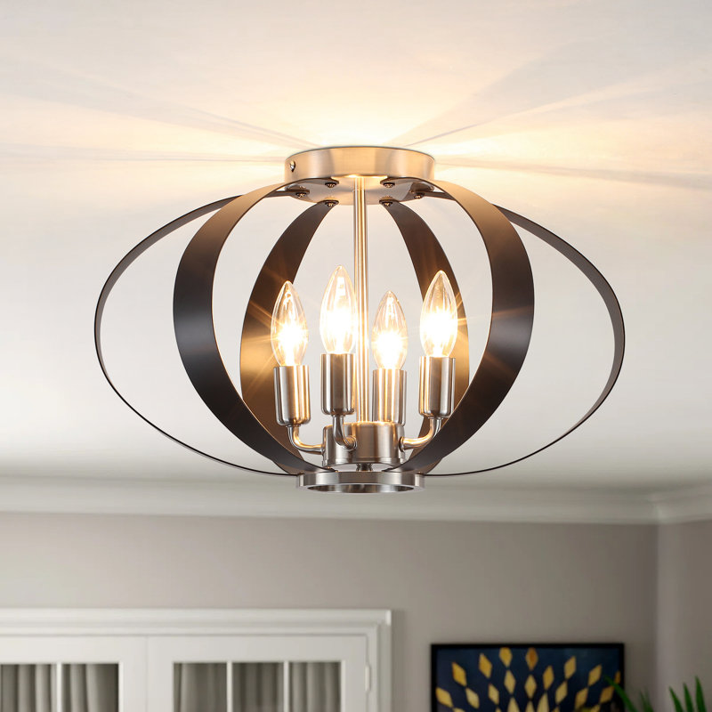 4 Candle Holder Farmhouse Modern Light Fixtures Ceiling Mount, Black And Brushed Nickel Semi Flush Mount Ceiling Light, Metal Cage Stair Lights For Kitchen, Hallway, Entryway, Living Room, Bedroom