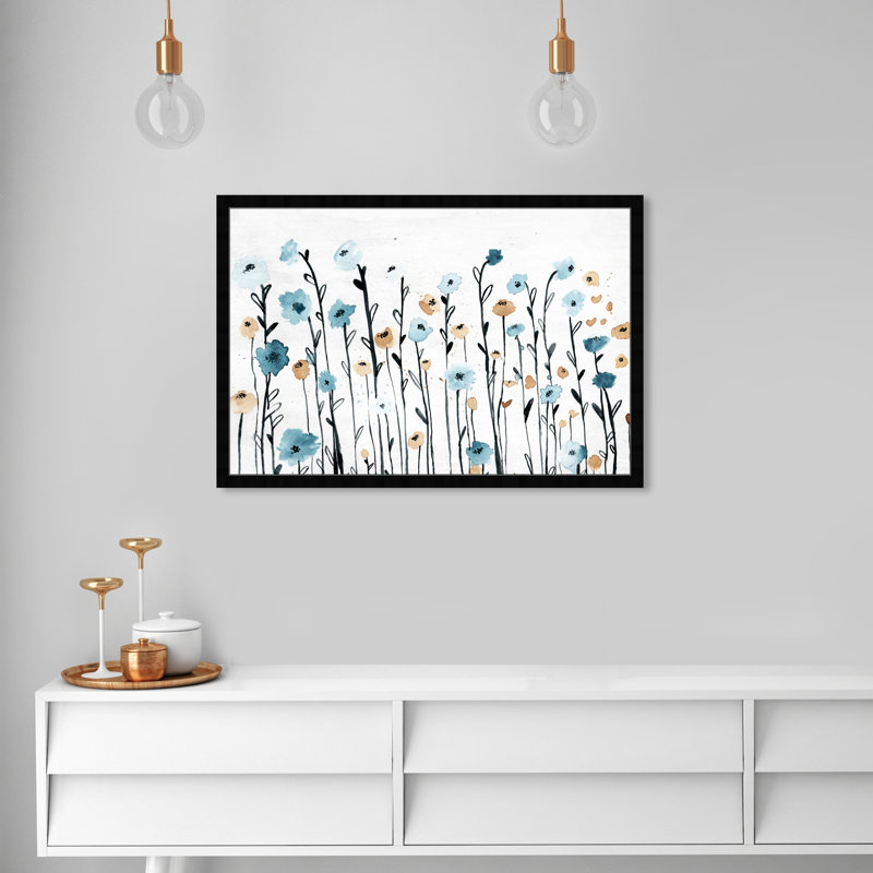 Fleurs bleues pastel bleues - peinture encadrée, Cadre noir, H 26 po x l 38 po