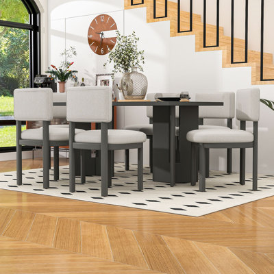 7-Piece Rustic Dining Set with Rectangular Wood Table and 6 Upholstered Chairs