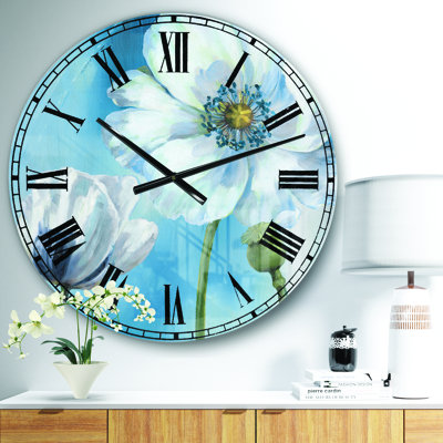 Swigart Handpainted White Flower on Blue I - Farmhouse wall clock
