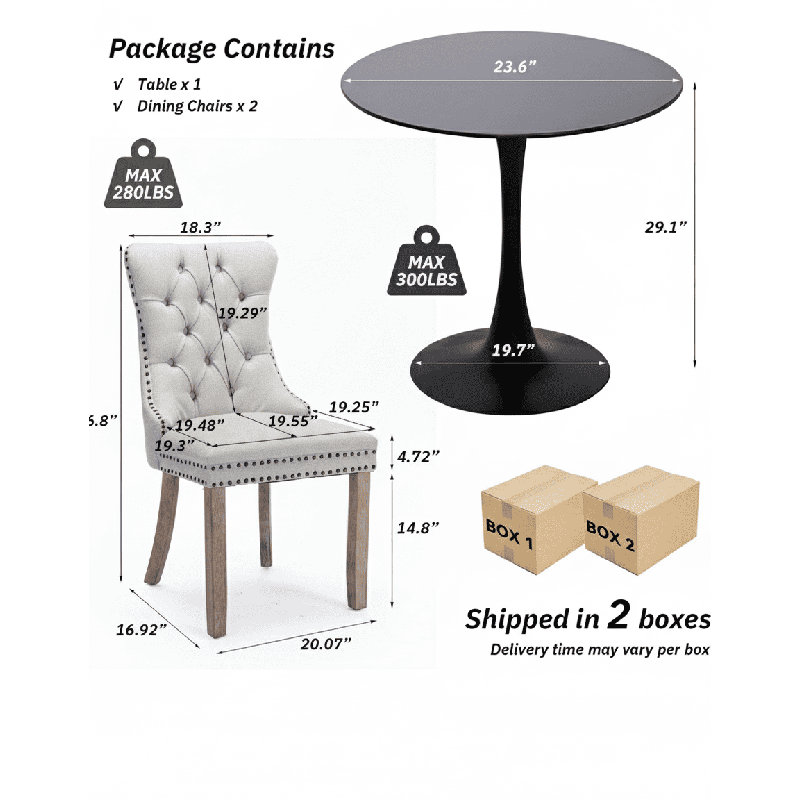 Ensemble de table de salle à manger rond avec 2 chaises, Noir, noir, noir, noir, Blanc / Brun