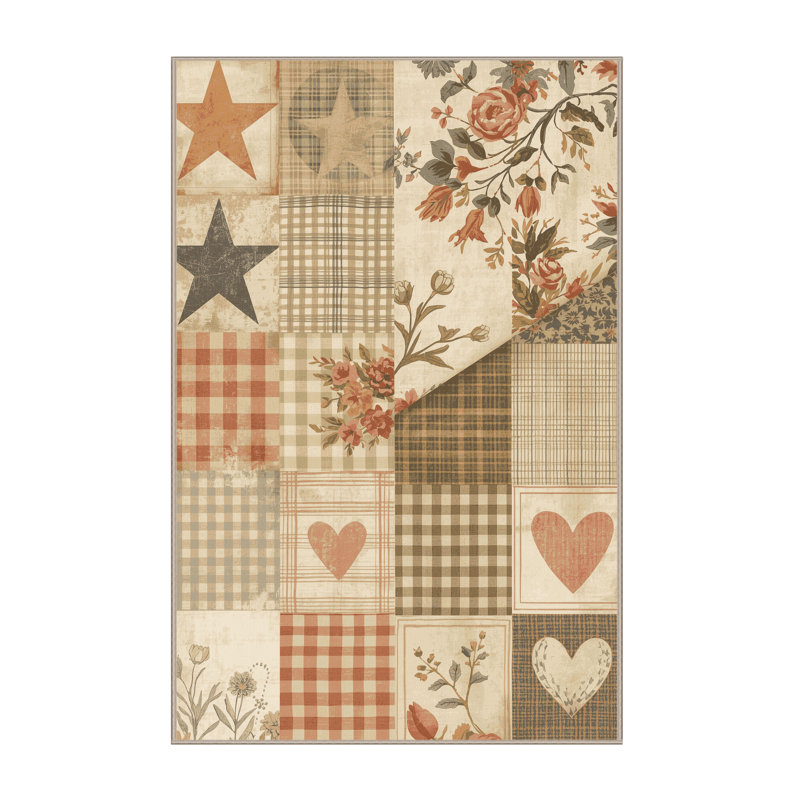 Machine Washable Pavla Cottage Americana Patchwork Rug in Beige – Beige Binding, 8 x 12