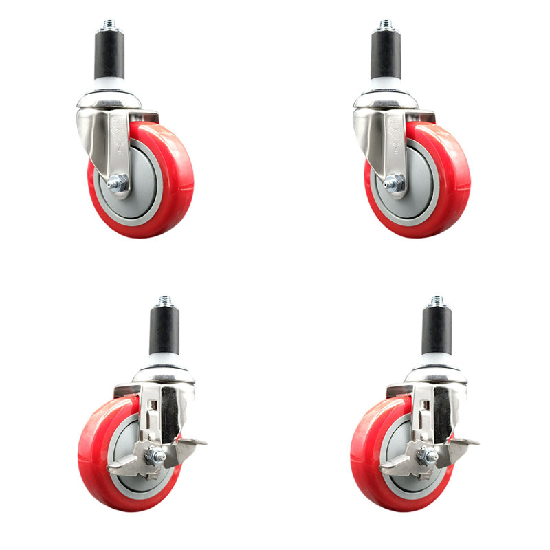 Ensemble de roulettes extensibles 4 pouces en polyuréthane pivotant de 1-3 pouces / 3/8 pouces 4 freins SCC, Rouge