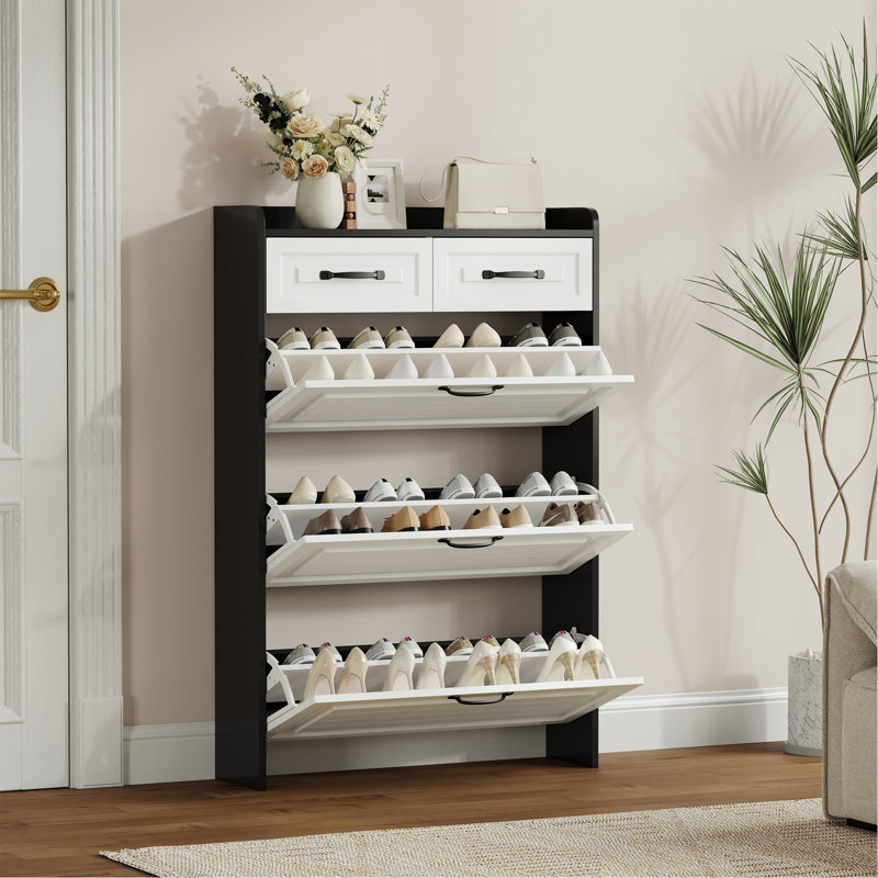 Armoire à chaussures de couleur noire avec 3 portes et 2 tiroirs, porte en PVC avec forme, grand espace de rangement